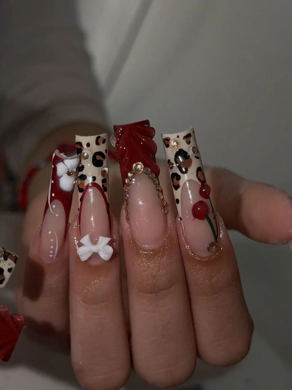 Extra-long cherry and leopard print nail set with 3D bows and gems